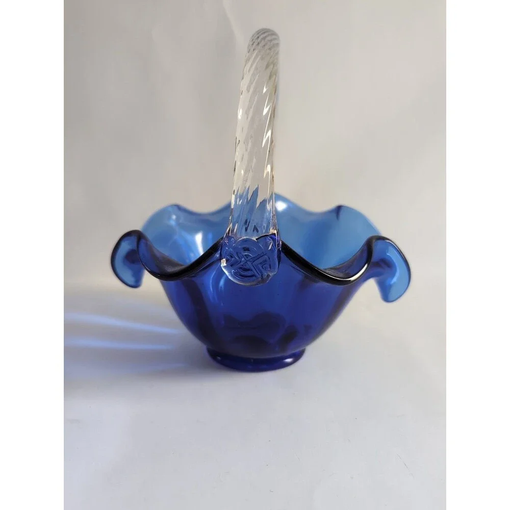 Fenton Glass Blue Cobalt Basket Clear Handle 7